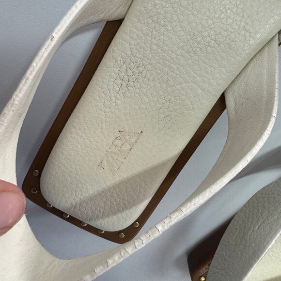 Zara Sandals Womens 37 6 White Cream Slingback Leather Flats - Picture 8 of 9